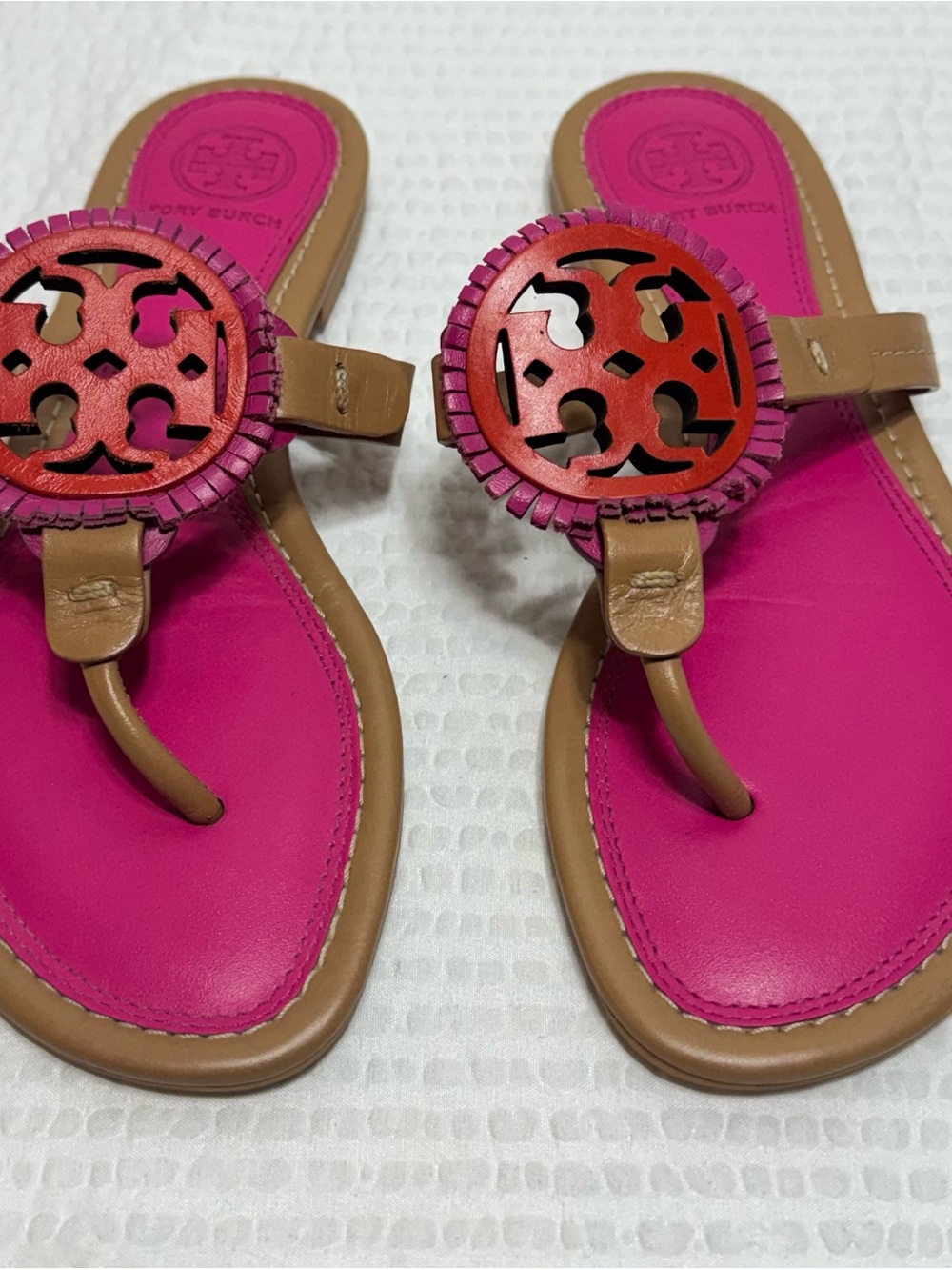 Tory Burch Hot Pink and Tan Miller Thong Sandals